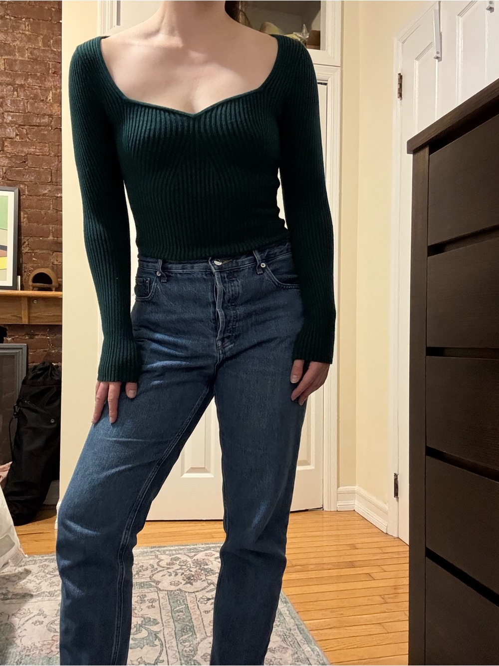 Abercrombie & Fitch Dark Green Off-the-Shoulder Ribbed Sweater